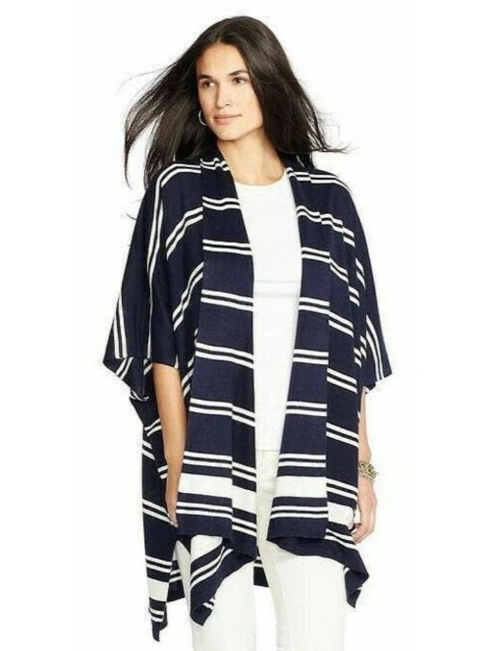 Lauren Ralph Lauren Cardigan Poncho SZ M Navy Striped Silk Cashmere Luxury Knit